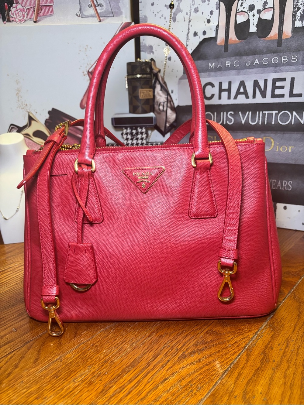 Prada BN1801 Saffiano Lux Double Zip Tote Fuoco Red 2-Way COA EUC